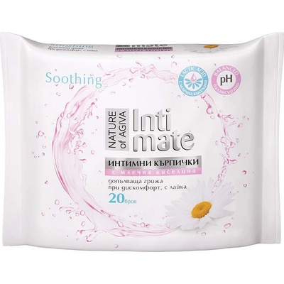 Nature of Agiva Intimate Интимни мокри кърпички с млечна киселина и лайка, 20 броя