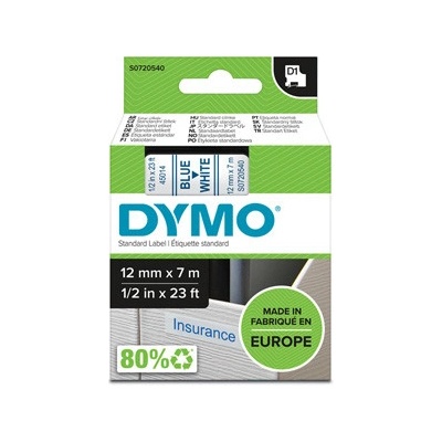 Dymo originál páska do tlačiarne štítkov, Dymo, 45014, S0720540, modrý tlač/biely podklad, 7m, 12mm, D1