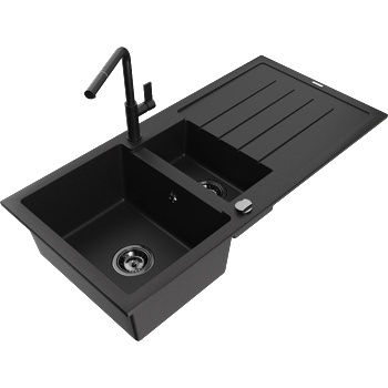 Mexen Andres гранитна мивка 1, 5-коморна с отцедник и кухненски смесител Flora, черен - 6515-77-670401-70-B (6515-77-670401-70-B)