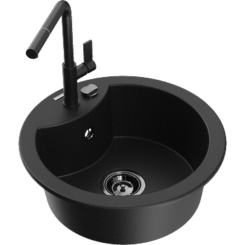 Mexen Diego 1-камерна гранитна мивка с кухненски смесител Flora, черен - 6512-77-670401-70-B (6512-77-670401-70-B)