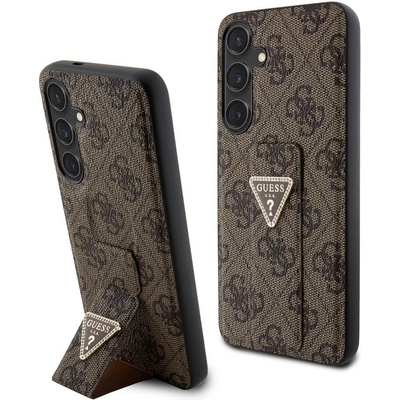 GUESS PU 4G Strass Grip Stand Triangle Metal Logo Case - дизайнерски кожен кейс с отделение за карти за Samsung Galaxy S24 Plus (кафяв)