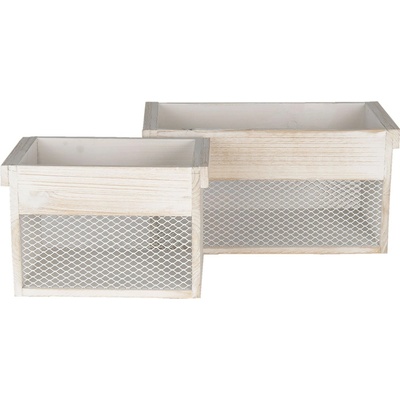 Clayre & Eef Drevený úložný box s bielou patinou 2 ks 18 * 18 * 12/15 * 15 * 11 cm
