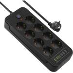 AOUOO Разклонител AOUOO J18U Black, 8 гнезда, 3x USB-A, 3x USB-C, бутон за вкл. /изкл. , 2m кабел, черен (J18U Black)