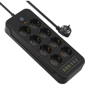 AOUOO Разклонител AOUOO J18U Black, 8 гнезда, 3x USB-A, 3x USB-C, бутон за вкл. /изкл. , 2m кабел, черен (J18U Black)