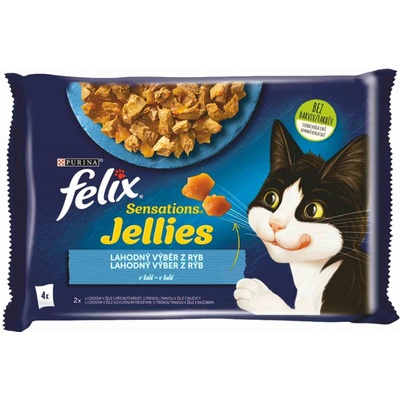 Felix Sensations Jellies losos s krevetami treska s rajčinami v želé 4 x 85 g