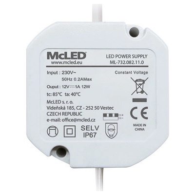 MCLED Napaječ LED DC12V/1A, pro LED pásky 12W, do elektroinstalační krabice, IP67 ML-732.082.11.0