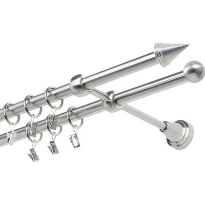 OK-GarnýžeCZ Garnýž kovová dvouřadá 19mm Hrot nerez 150 cm do stěny / kroužky s žabkou