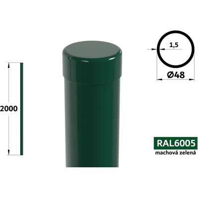 Plotový stĺpik 200 cm, priemer 48 mm, hr. steny 1,50 mm, machová zelená