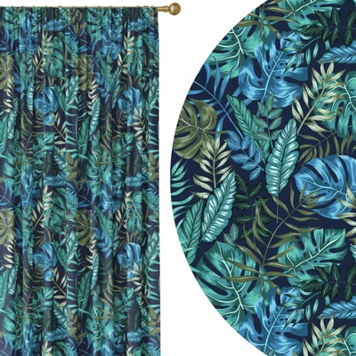 HomeView Zatemňovací záves Jungle Breeze – intenzívne modré a zelené tropické listy na tmavomodrom podklade Veľkosť: 140x230 na riasiaci pás