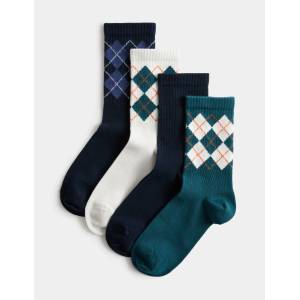Marks & Spencer 4 чифта аргайл чорапи с висок процент памук (6 S - 7 L) Marks & Spencer многоцветна Marks & Spencer | Mnogotsveten | Момчешки | 6-8+