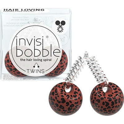 Tenká špirálová gumička do vlasov s guličkami Invisibobble Twins Purrfection - vzorovaná hnedá (IB-TW-HP10001)