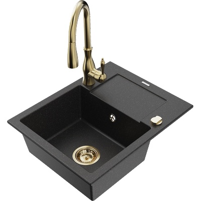 Mexen Enzo гранитна мивка с една камера с отцедник и кухненска батерия Savita, (6506-73-672601-50)