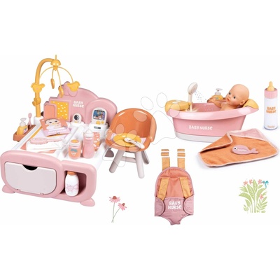 Smoby Set vanička s funkčnou sprchou Balneo Bath Soft Baby Nurse a domček elektronický s klokankou a fľaškou