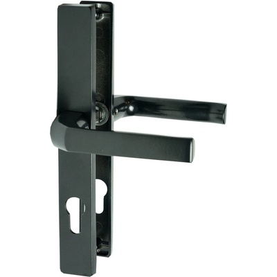Klika AL, rozměr štítku 239 x 32 mm, rozteč 72 mm, černá prášková barva vypalovaná, s otvorem pro stavební vložku, pár