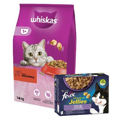 Whiskas Adult s hovädzím mäsom 14 kg & FELIX Sensation Výber príchutí v želé 12x85g