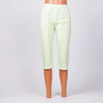 Памучен 3/4 панталон-пижама на райе в зелено, жълто и бяло