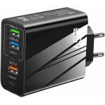 Planet Tech Мрежово зарядно устройство, 65W бързо зареждане, 5 порта, 3 x USB, 2 x Type-C, универсално съвместимо iPhone, Huawei, Samsung, Xiaomi, Черно (TRG-156 Black)