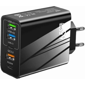 Planet Tech Мрежово зарядно устройство, 65W бързо зареждане, 5 порта, 3 x USB, 2 x Type-C, универсално съвместимо iPhone, Huawei, Samsung, Xiaomi, Черно (TRG-156 Black)