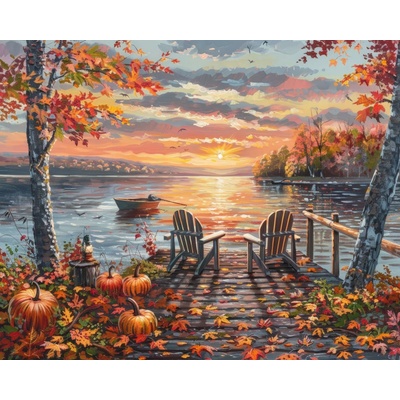 ZUTY Obrazy na stenu - POSEDENIE NA MÓLE, ČLN, JESENNÉ STROMY A ZÁPAD SLNKA Rámovanie: bez rámu a bez vypnutia plátna, Rozmer: 40x50 cm