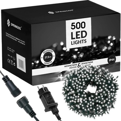 SPRINGOS LED světelný řetěz - 27,5m, 500LED, IP44, studená bílá + záblesky CL0543-XG