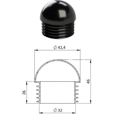 Vnútorná krytka pologuľatá ø 42,4 mm, plastová, čierna