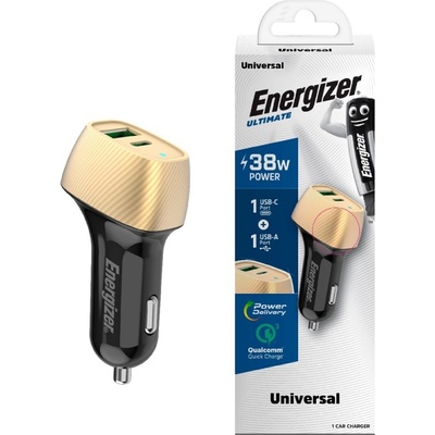 Energizer Зарядно за кола Energizer D38BG, USB, USB-C, 38W, QC3.0, Черен-златист (D38BG)