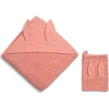 Funnababy Mušelínový set Osuška s kapucňou + žinka Coral Pink