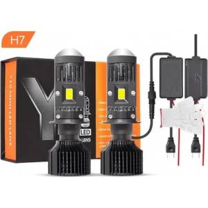  Комплект от 2 броя LED крушки с лупа, Y10 H7, 200%, 50W 6400LM, 6000K, 360° Canbus без грешки - 12V