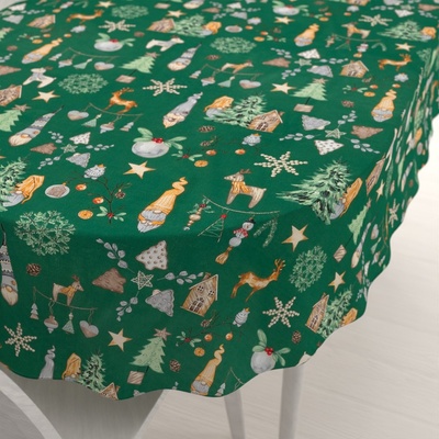 Biante Vánoční bavlna oválný ubrus Sandra SA-508 Vánoční skřítci a ozdoby na zeleném 120x160 cm