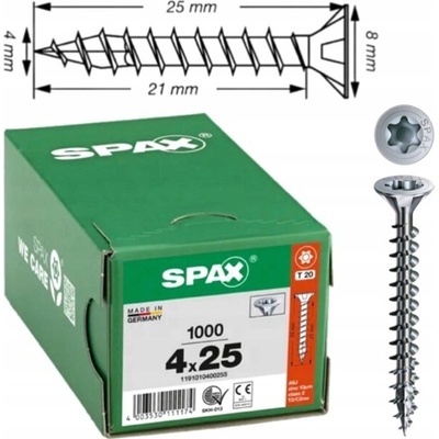 SPAX vrut zápustná hlava 4.0x25 plný závit TX20, Wirox-stříbrná, certifikovaný (1000 ks)