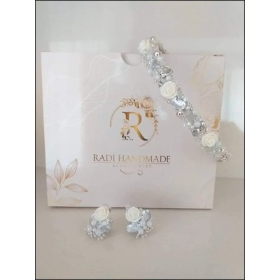 Radi handmade Дизайнерска диадема с обици с бели перли, камъни, кристали (347)