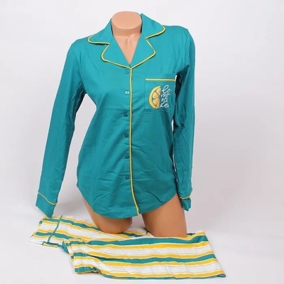 Дамска пижама с копчета в тюркоазено и райе