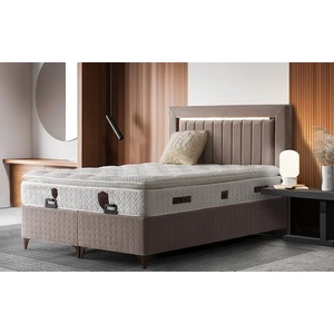  Бокспринг легло Leroy с матрак 160/200 см, Светлокафяв, Повдигащ механизъм, Подматрачна рамка