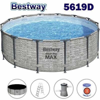 Bestway Басейн с метална конструкция, шарка камък, 427x122см, Bestway 5619D Steel Pro Max, с филтърна помпа, стълба и покривало (5619D Steel Pro Max)