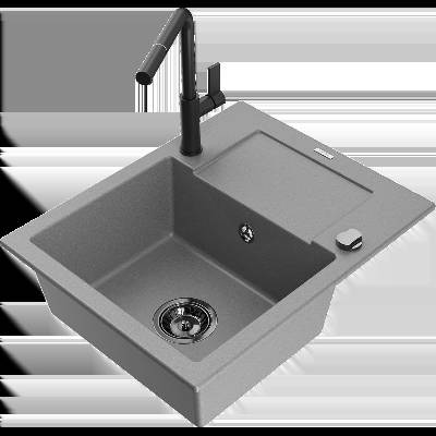 Enzo гранитна кухненска мивка 1-коморна с отцедник и кухненски смесител Flora, сива - 6506-71-670401-70-B (6506-71-670401-70-B)
