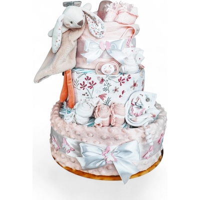 BabyDort třípatrový plenkový dort pro miminko růžový ZAJÍČEK USÍNÁČEK
