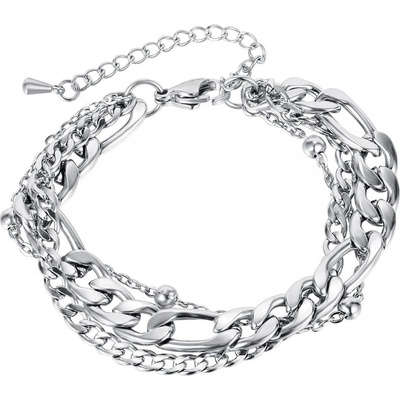 Šperky eshop Trojitý ocelový náramek ve stříbrné barvě různé typy řetízkových oček korálky AB02.04
