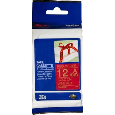 Páska Brother TZe-RW34, zlatý tisk/červený podklad, pruhovaná, originál