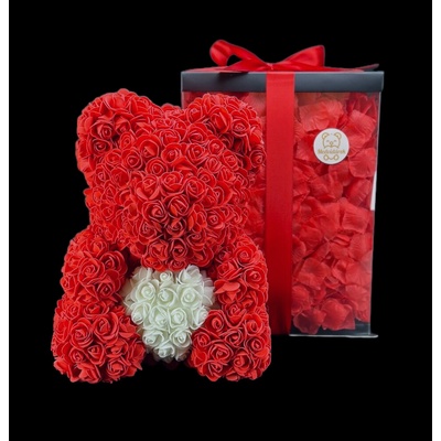 Medvídárek BIG Romantic medvedík z ruží 40cm darčekovo balený - svetlo červený s bielym srdcom