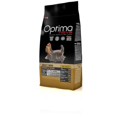 Optima nova adult mini chicken & potato (пиле и картофи) 70% месо grain free, Хипоалергична, Суперпремуим храна за кучета над 10 месеца 8 кг