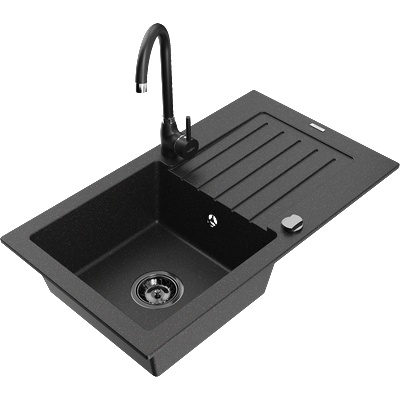 Mexen Pablo кухненска мивка от гранит с 1 отделение с отцедник и кухненски смесител Telma, черен/сребърен - 6510-73-670200-70-B (6510-73-670200-70-B)
