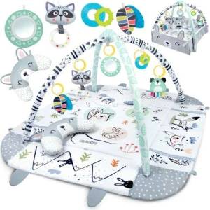RicoKids Килимче за игра 3в1 с мост за игра и възглавничка - Горски животни - бяло-сиво (7350_)