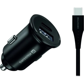 SWISSTEN Samsung Super Fast Charging + USB-C kabel Napájecí adaptér, do auta, 1× USB-C, 1× USB, vstup 12–24V, 35W (celkem), Samsung Super Fast Charging, černý + USB-C kabel 20117100