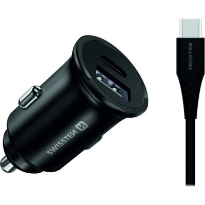 SWISSTEN Samsung Super Fast Charging + USB-C kabel Napájecí adaptér, do auta, 1× USB-C, 1× USB, vstup 12–24V, 35W (celkem), Samsung Super Fast Charging, černý + USB-C kabel 20117100