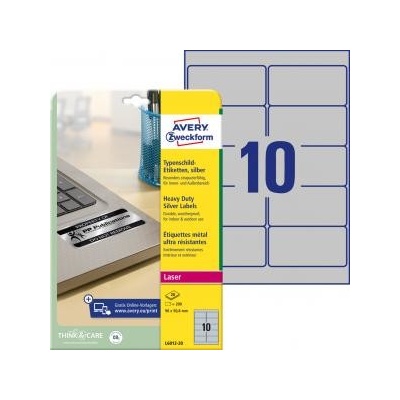 Etikety polyesterové 96x50,8mm Avery A4 strieborné 20 hárkov