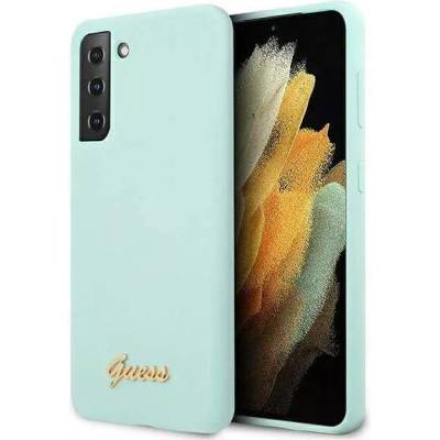 GUESS Silicone Script Metal Logo Silicone Case - дизайнерски силиконов кейс за Samsung Galaxy S21 (син)