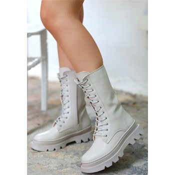 Erbil Shoes Дамски ботуши с връзки и страничен цип - Светлобежови #407987 (407987_Бежов)