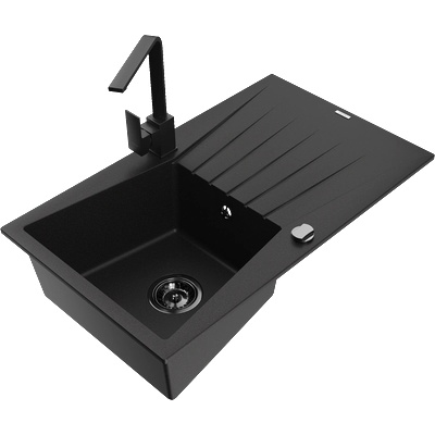 Mexen Cesar гранитна мивка с 1 камера с отцедник и кухненски смесител Rita, черен - 6514-77-670300-70-B (6514-77-670300-70-B)