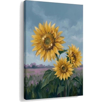 Obraz tri slnečnice na poli na plátne – s ručne maľovanými detailmi - 60x90 cm