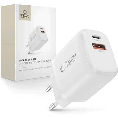 Tech-Protect nca65w-gan мрежово зарядно устройство с 2 порта pd 65w / qc3.0, бяло (5906302339822)